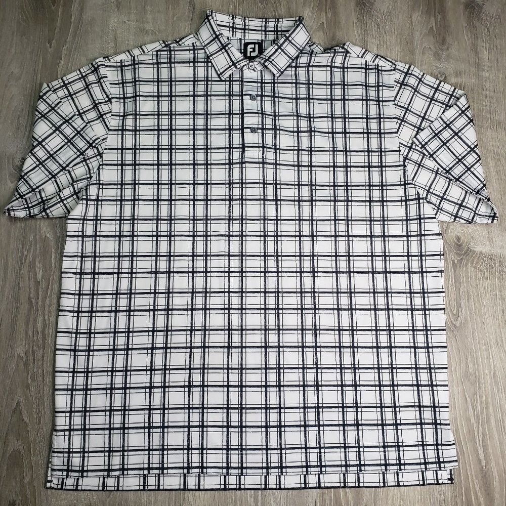 Footjoy FJ Mens Shirt Golf Polo Short Sleeve Black White Plaid Logo Size XXL
